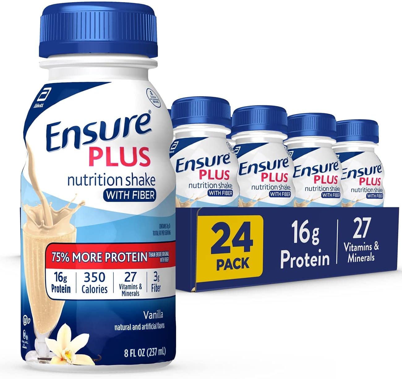 Vanilla Ensure Plus Nutrition Shake with Fiber - 24 Pack, 16g Protein, 27 Vitamins & Minerals, Ready-to-Drink Meal Replacement