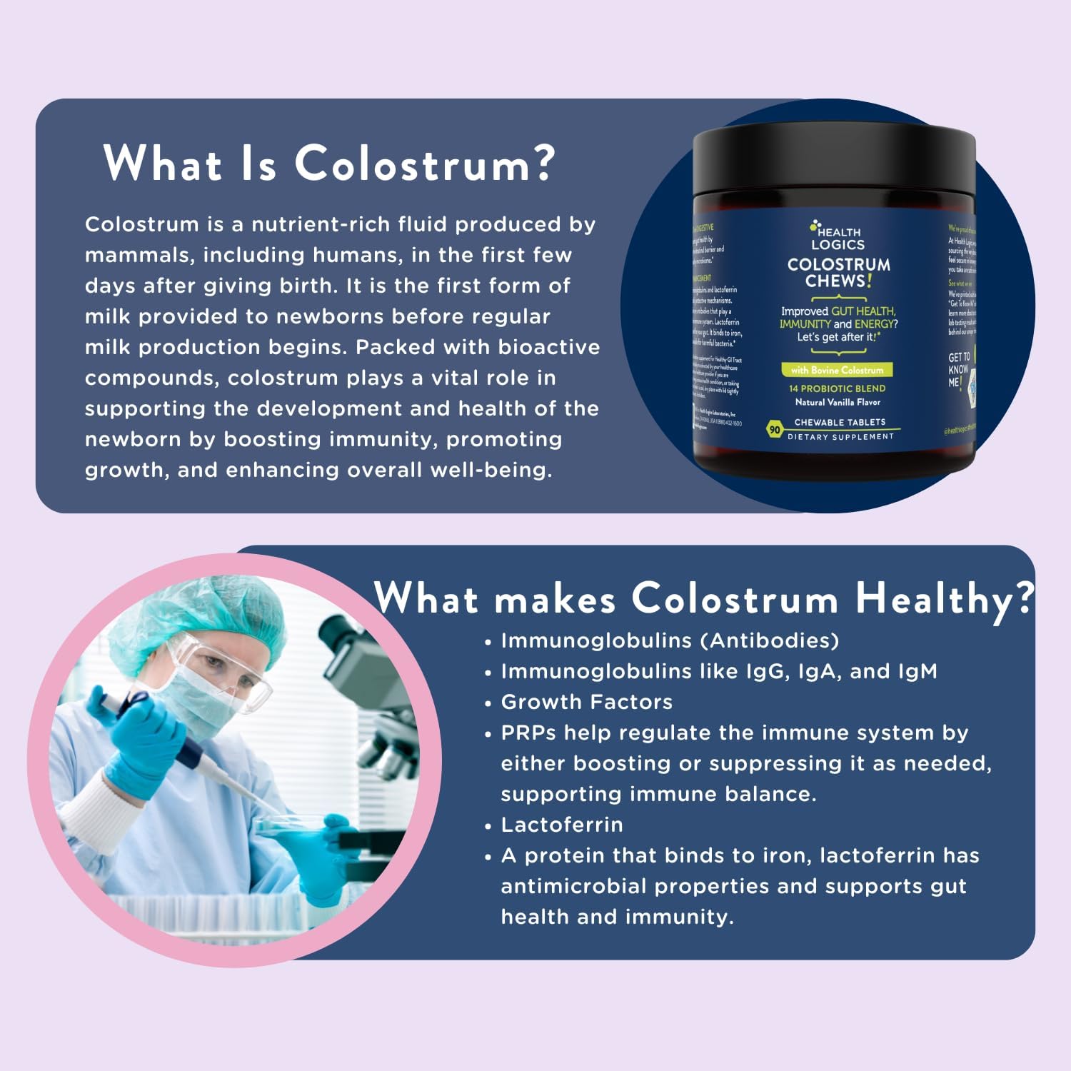 Vanilla Flavored Colostrum Chews - Immune Support & Gut Health Supplement with 25% IgG, Whole Bovine Colostrum Superfood - 90 Servings