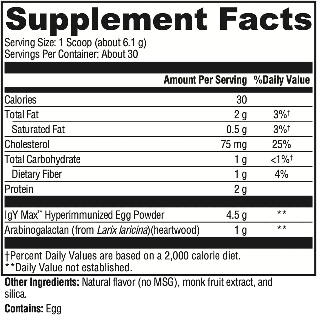 Vanilla Flavored Dairy-Free Immunoglobulin Powder with IgY Max for Intestinal Health and Muscle Recovery (6.46 oz)