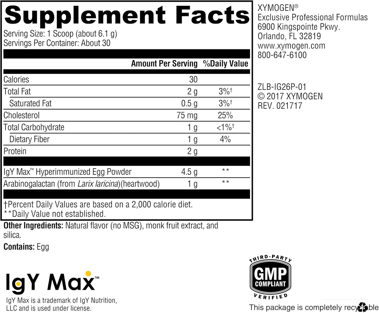 Vanilla Flavored Dairy-Free Immunoglobulin Powder with IgY Max for Intestinal Health and Muscle Recovery (6.46 oz)