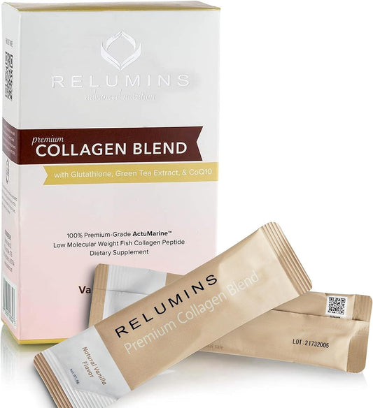 Vanilla Flavored Marine Collagen Powder Drink Mix with Glutathione, Green Tea, CoQ10, and Hyaluronic Acid for Smooth Glowing Skin - 10 Sachets
