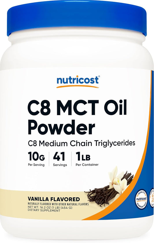 Vanilla Flavored Nutricost C8 MCT Oil Powder - 1LB (16oz), 95% C8 MCT, Ideal for Keto, Non-GMO & Gluten Free