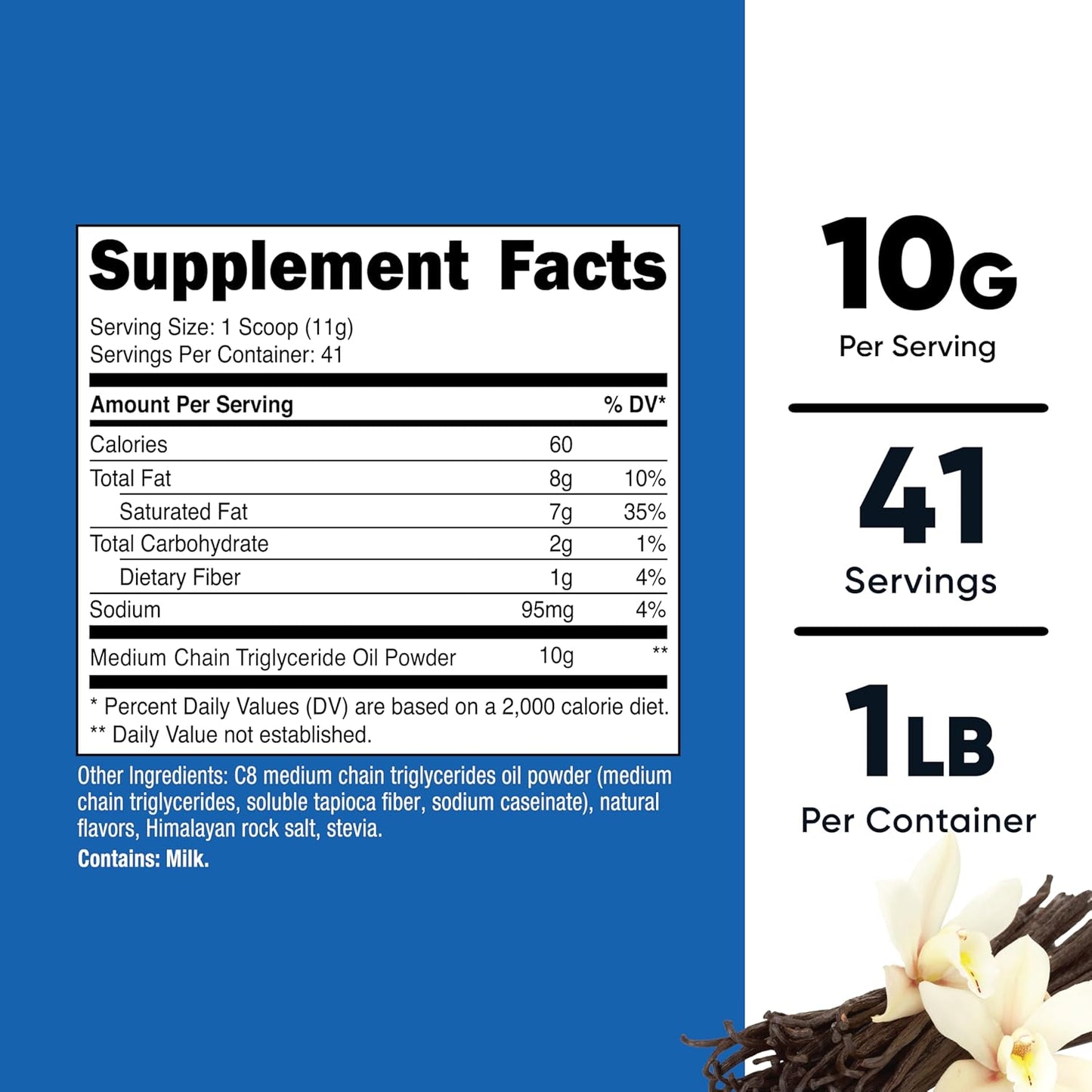 Vanilla Flavored Nutricost C8 MCT Oil Powder - 1LB (16oz), 95% C8 MCT, Ideal for Keto, Non-GMO & Gluten Free