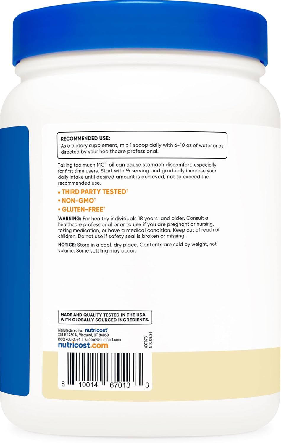 Vanilla Flavored Nutricost C8 MCT Oil Powder - 1LB (16oz), 95% C8 MCT, Ideal for Keto, Non-GMO & Gluten Free