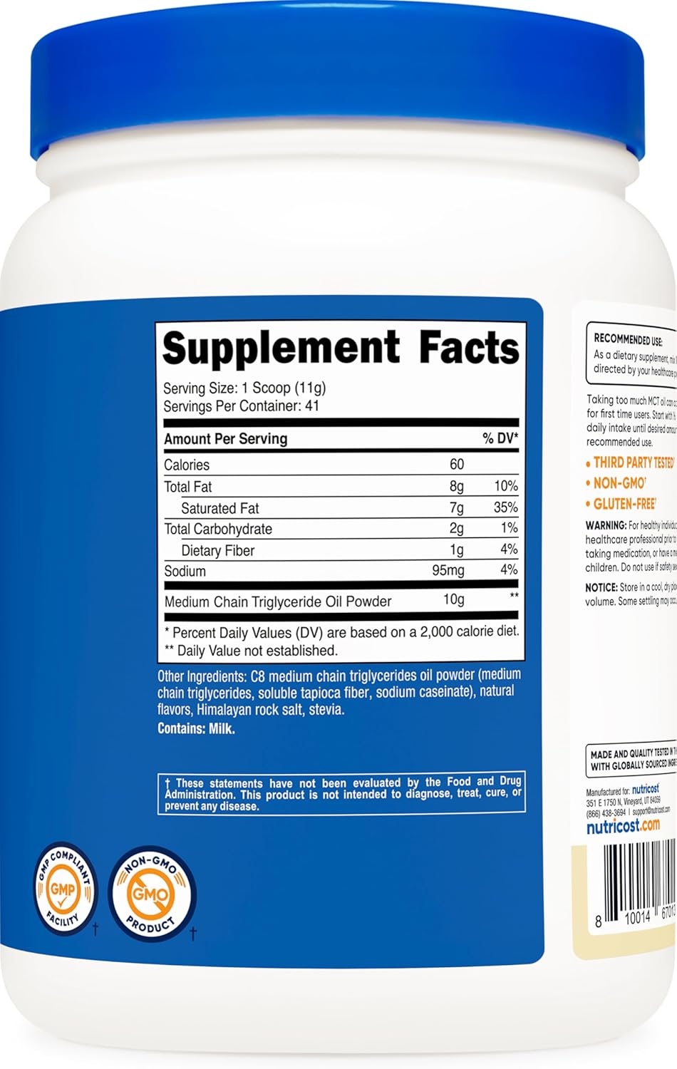 Vanilla Flavored Nutricost C8 MCT Oil Powder - 1LB (16oz), 95% C8 MCT, Ideal for Keto, Non-GMO & Gluten Free