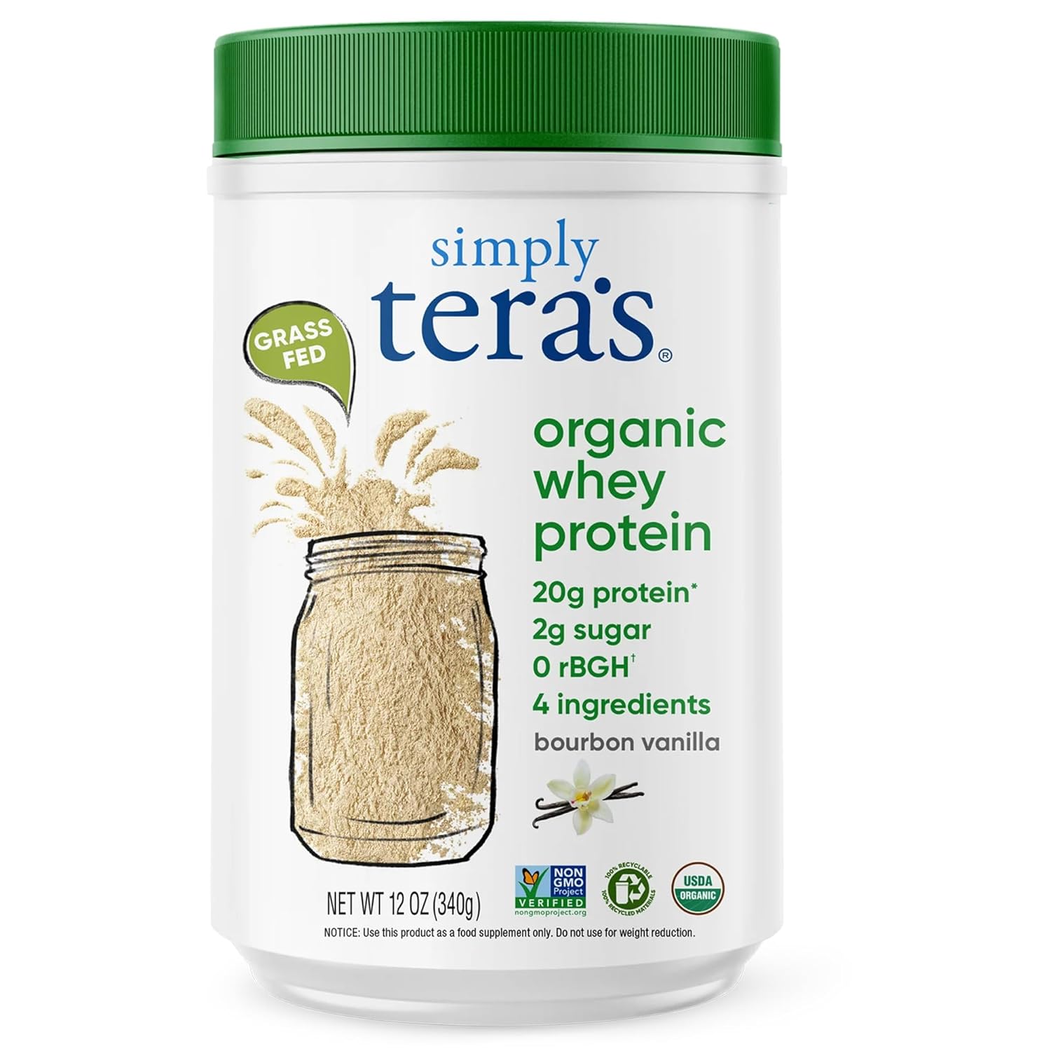 Vanilla Grass-Fed Organic Whey Protein Powder - Clean Non-GMO Protein Powder Without Artificial Sweeteners - 12 Oz