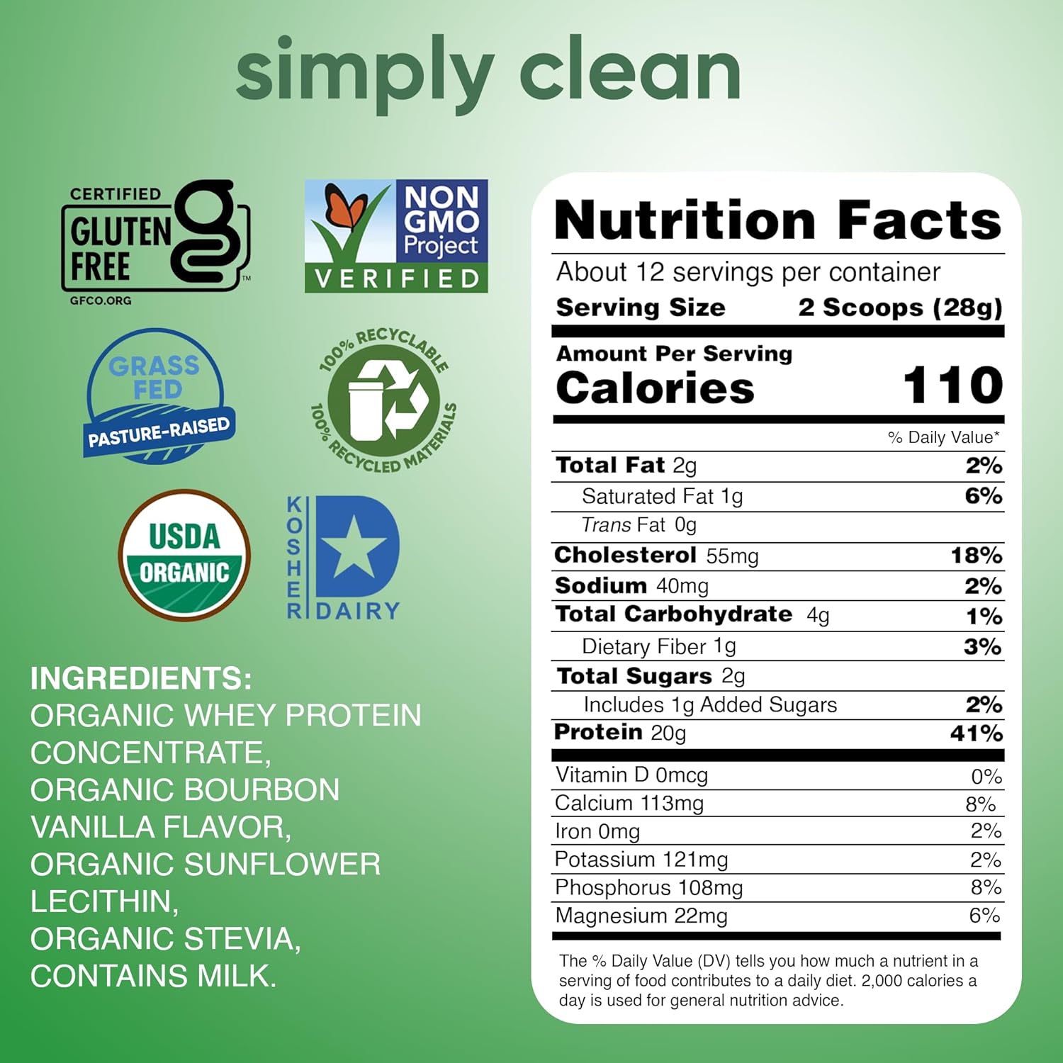 Vanilla Grass-Fed Organic Whey Protein Powder - Clean Non-GMO Protein Powder Without Artificial Sweeteners - 12 Oz