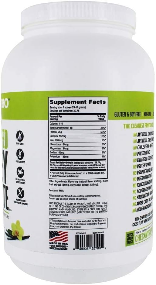 Vanilla Grass Fed Whey Isolate Protein Powder - 25G Protein Per Scoop - Natural Lean Muscle Supplement - Sugar Free - 2lb, 29 Servings