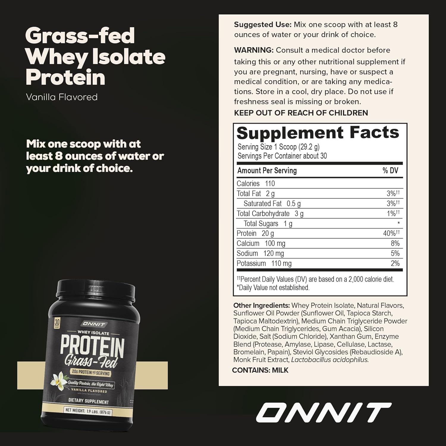 Vanilla Grass-Fed Whey Isolate Protein Powder - 30 Servings by ONNIT