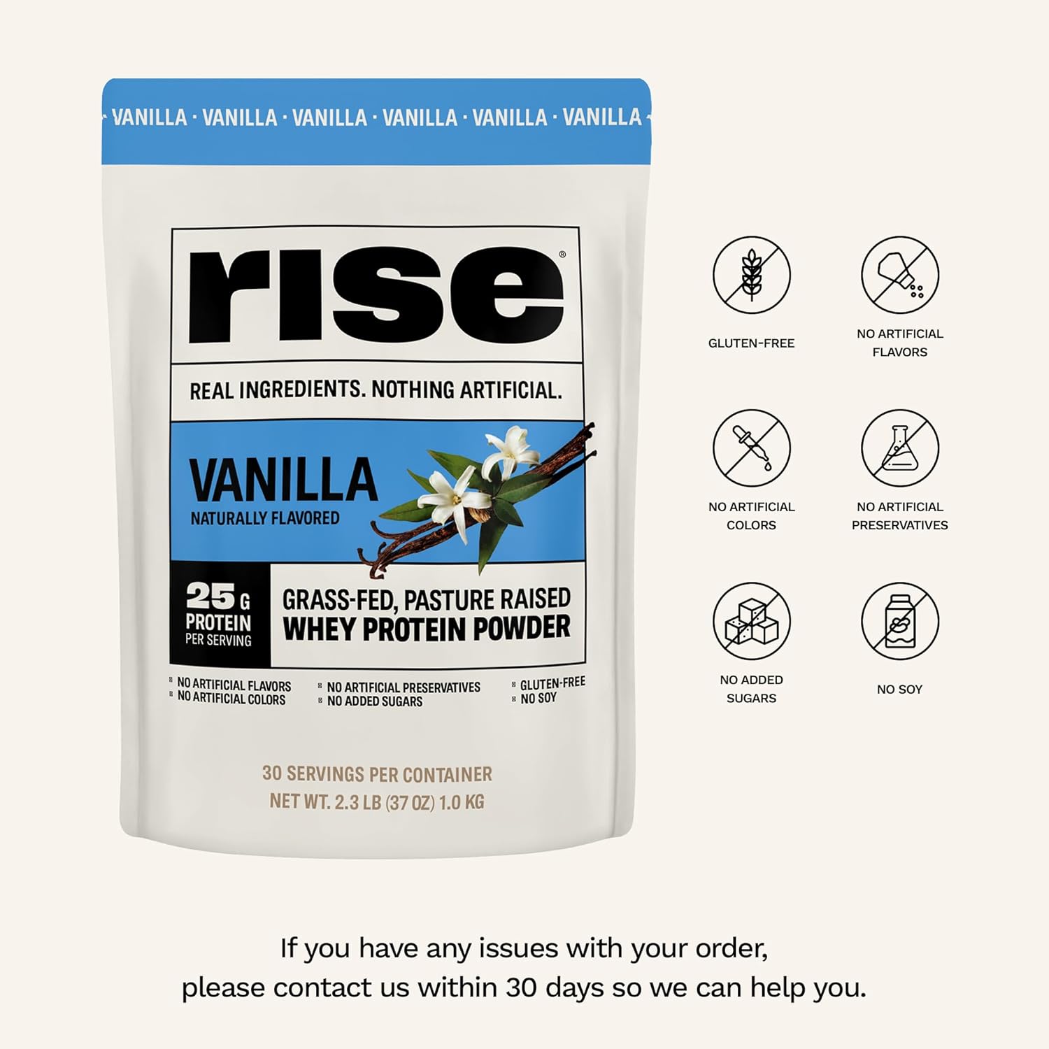 Vanilla Grass-Fed Whey Protein Powder - 25g Protein, No Artificial Additives - Sugar, Gluten, Soy Free - 2.3 lbs