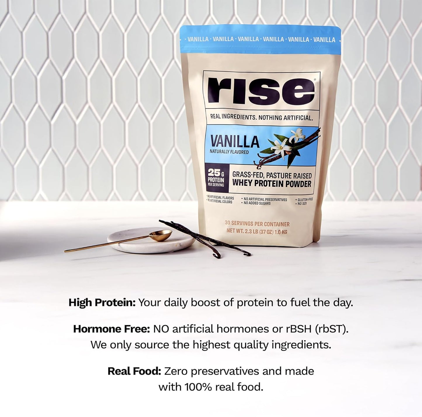 Vanilla Grass-Fed Whey Protein Powder - 25g Protein, No Artificial Additives - Sugar, Gluten, Soy Free - 2.3 lbs