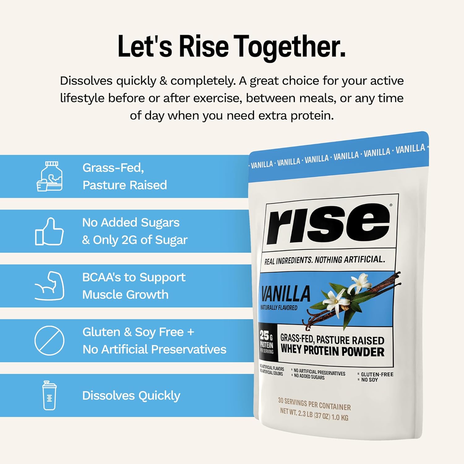 Vanilla Grass-Fed Whey Protein Powder - 25g Protein, No Artificial Additives - Sugar, Gluten, Soy Free - 2.3 lbs