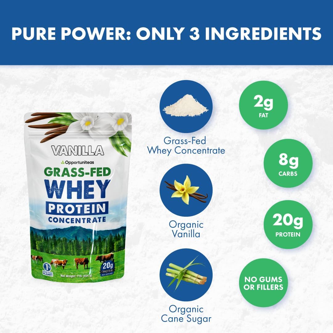 Vanilla Grass Fed Whey Protein Powder Concentrate - Pure Protein Supplement - Non GMO, Hormone & Gluten Free - 1lb - BoostGo Australia