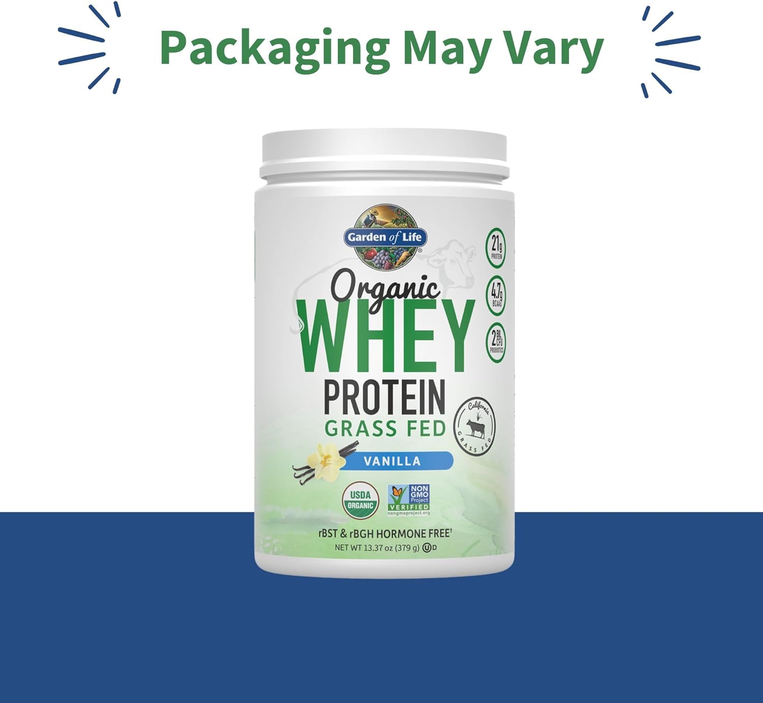 Vanilla Grass Fed Whey Protein Powder with Probiotics - 21g Protein - Gluten Free, Non GMO, Kosher - 12 Servings for Women & Men