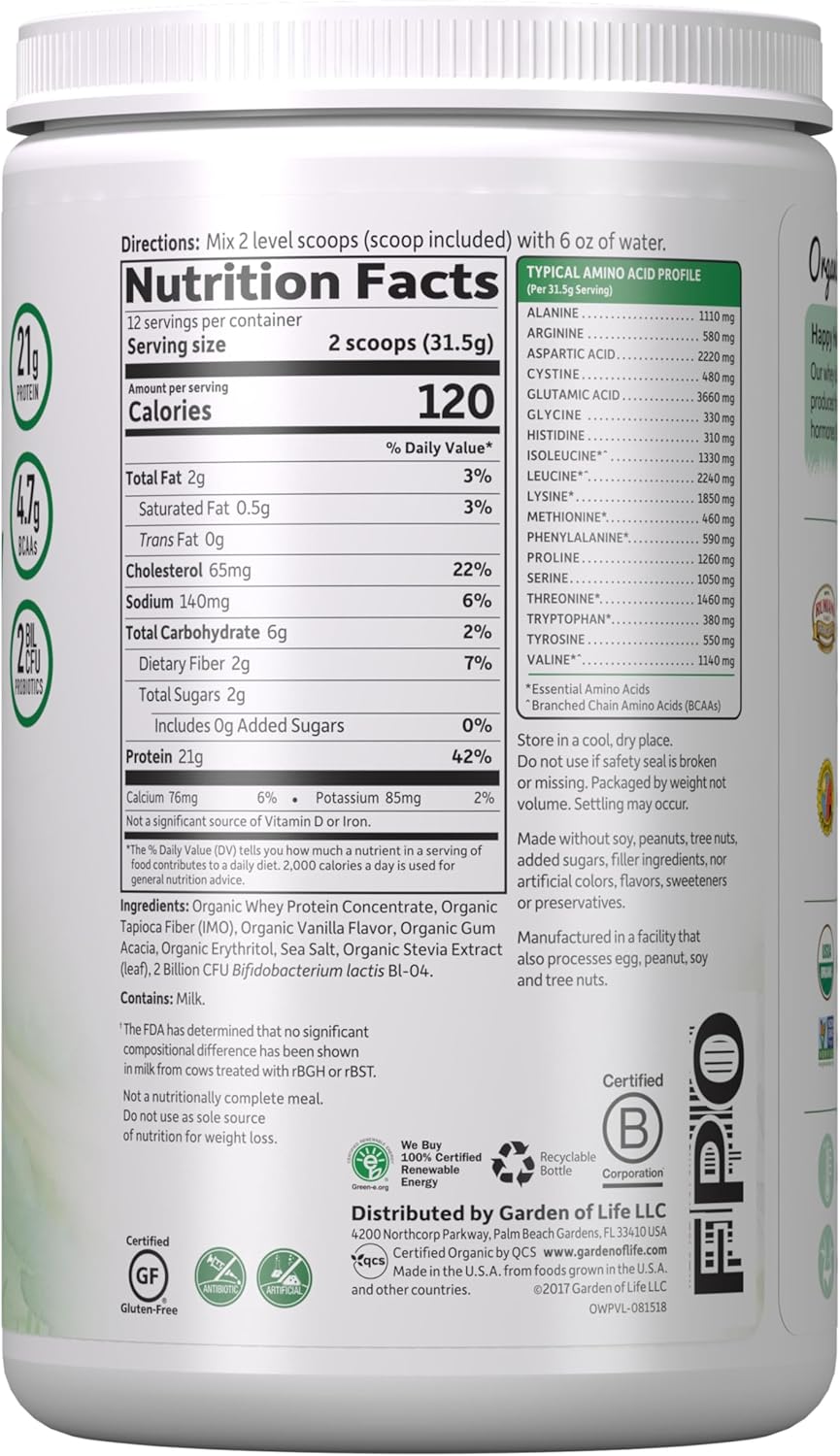 Vanilla Grass Fed Whey Protein Powder with Probiotics - 21g Protein - Gluten Free, Non GMO, Kosher - 12 Servings for Women & Men