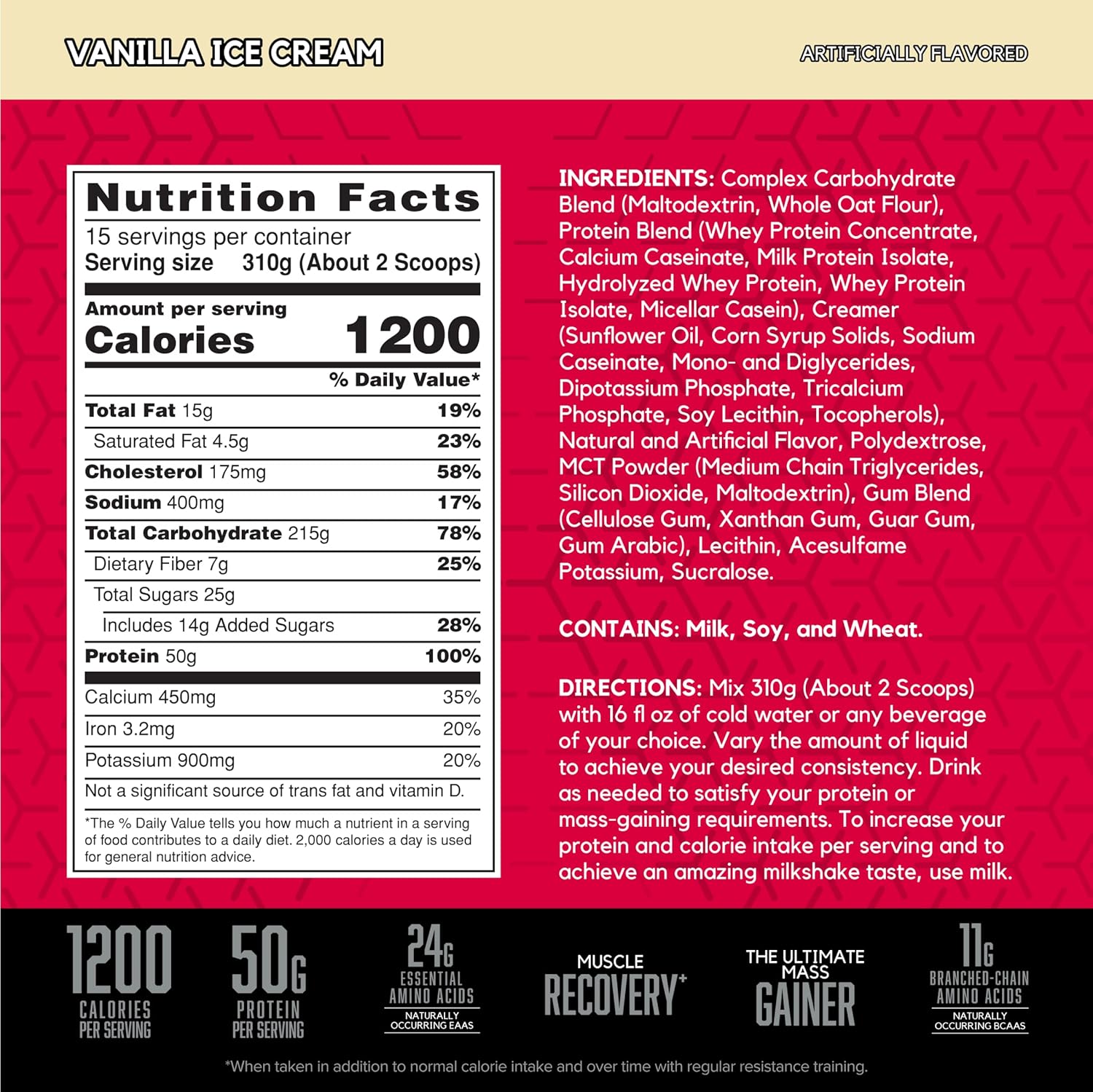 Vanilla Ice Cream Flavor BSN TRUE-MASS 1200 Weight Gainer Protein Powder, 10.38 lb