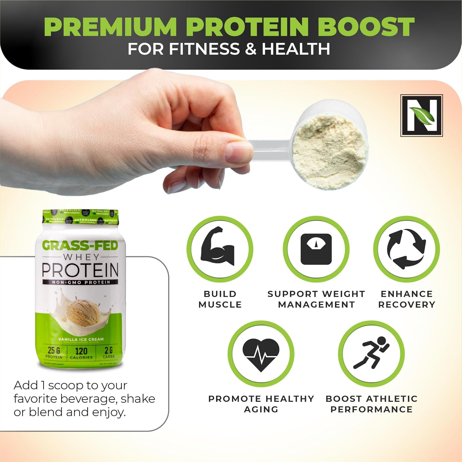 Vanilla Ice Cream Grass Fed Whey Protein Powder for Lean Muscle Recovery & Performance - 28 Servings - BoostGo Australia