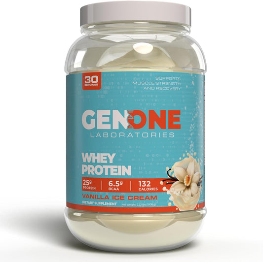 Vanilla Ice Cream Whey Protein Isolate Powder by GenOne Labs - 25g Protein, 6.5g BCAAs, Low Carb, Fast Digesting - 30 Servings, 2.25 LB