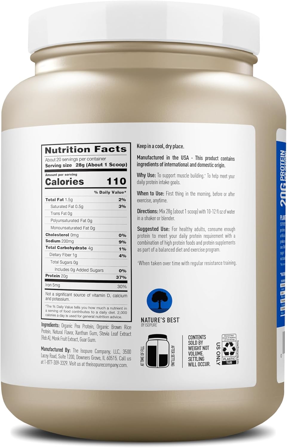 Vanilla Isopure Plant-Based Protein Powder - Lactose and Gluten-Free with Iron - 20g Plant Protein Per Serving - 1.23 Lbs - 20 Servings