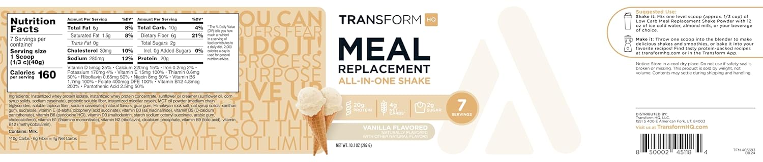 Vanilla Meal Replacement Shake Powder - Gluten Free, Non-GMO - 7 Servings from TransformHQ
