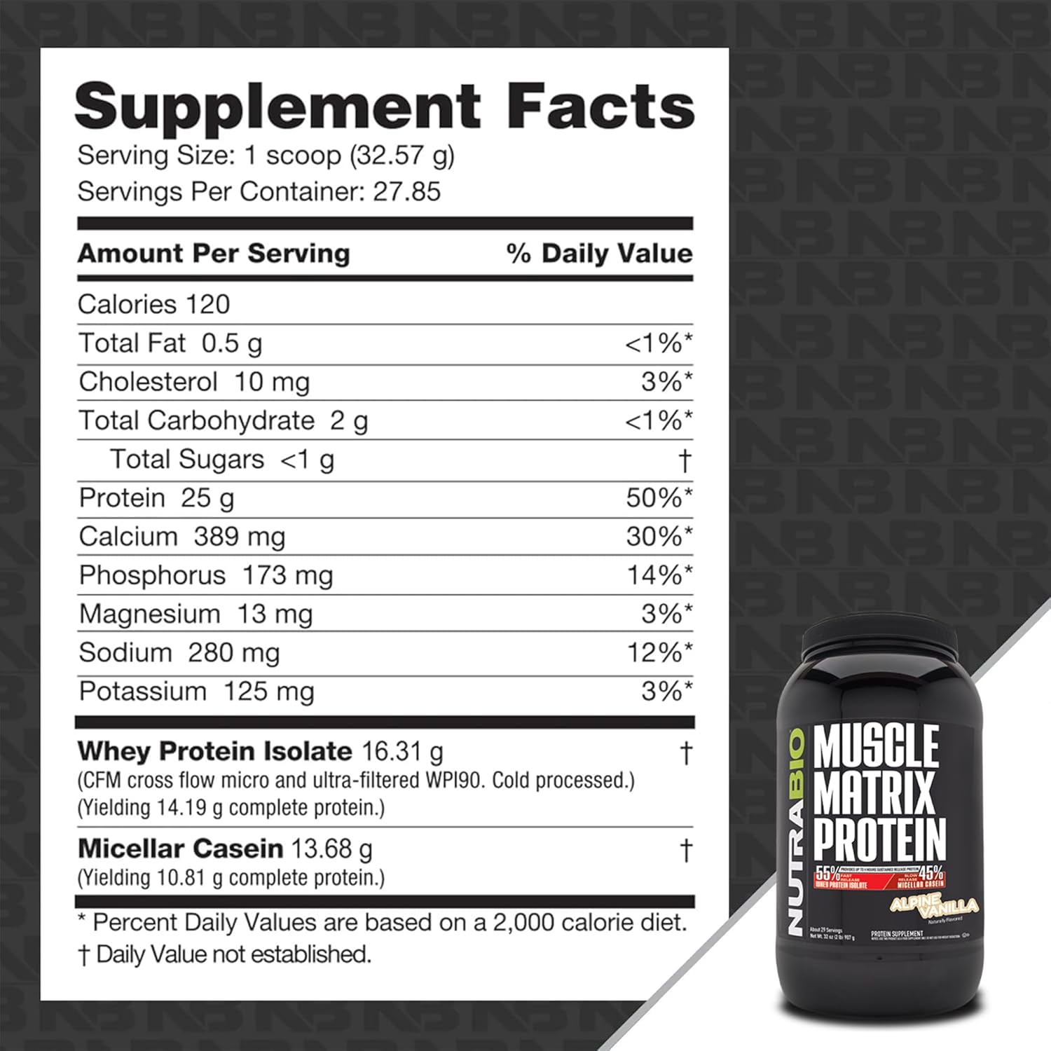 Vanilla Muscle Matrix Protein Powder with Whey Isolate and Micellar Casein - 25g Protein Per Scoop - 2lb, 28 Servings