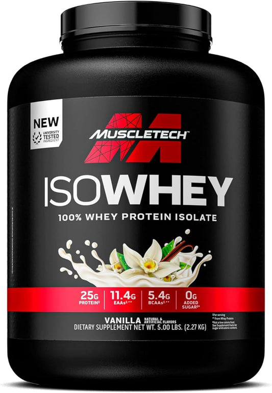 Vanilla MuscleTech ISO Whey Isolate Protein Powder - Post-Workout Supplement for Lean Muscle Gain & Recovery - 25g Protein, BCAA, EAA - 5lbs