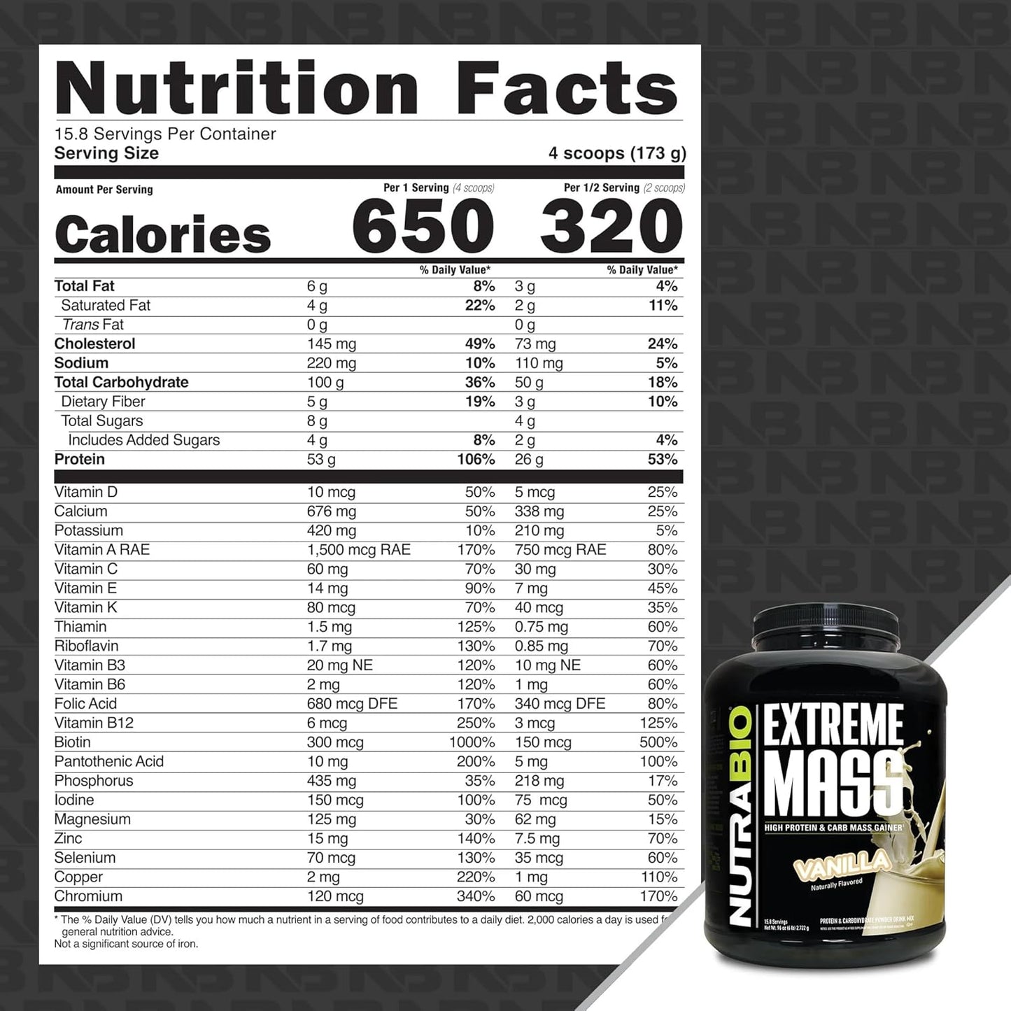 Vanilla NutraBio Extreme Mass Gainer Protein Powder - 6lb, 53G Protein, Clean Weight Gainer, Boost Muscle Mass, Full Spectrum Amino Acid