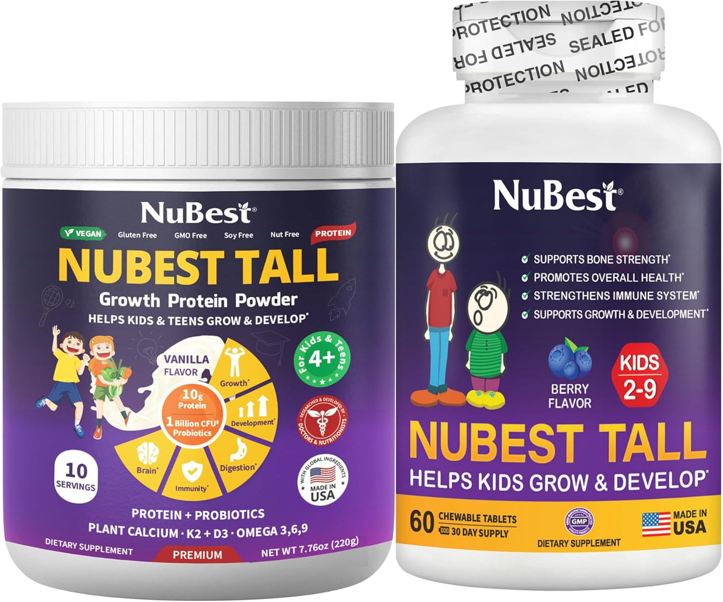 Vanilla Plant-Based Protein Bundle for Tall Kids: Multivitamin, Calcium, Probiotic, Omega 3-6-9 - 10 Servings Protein + 60 Chewable Tablets