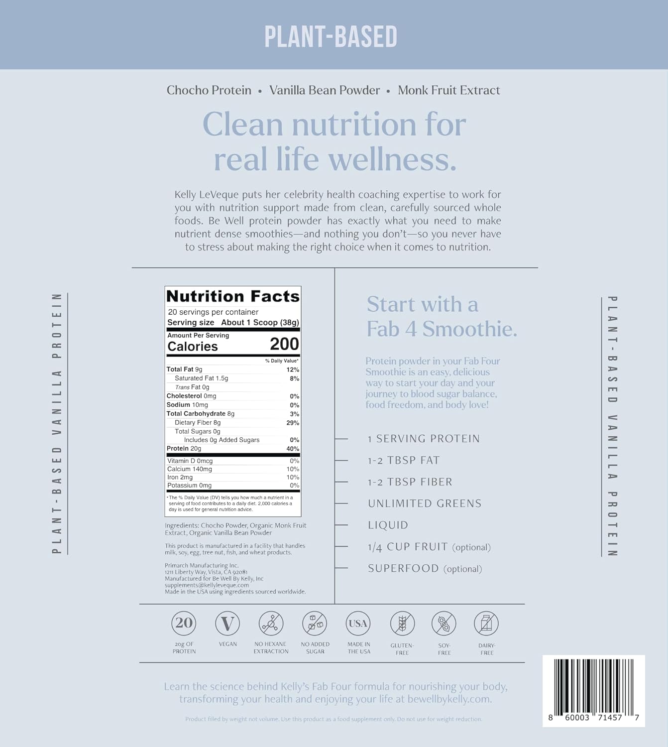 Vanilla Plant-Based Protein Powder by Be Well - 20G Protein, 8G Fiber, Vegan, 9 Amino Acids, 3 BCAAs, Stevia-Free, No Sugar Added - 1.68lb