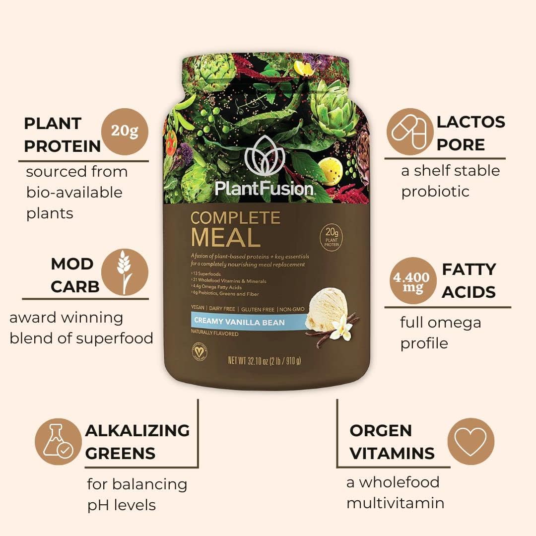 Vanilla Plant-Based Protein Shake with Superfoods, Greens & Probiotics - Vegan, Gluten-Free, Non-Dairy Meal Replacement Powder - 1 lb.
