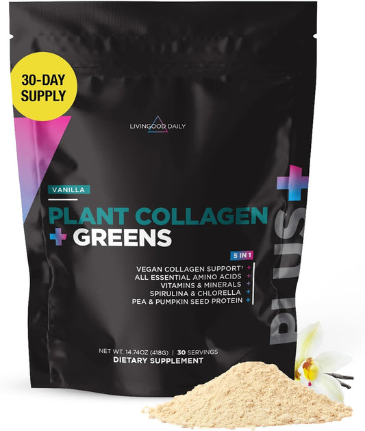 Vanilla Plant Collagen Powder with Vitamin C, Spirulina & Amino Acids - Vegan Formula for Hair, Skin, Nails, Energy & Muscle Growth - 30 Servings