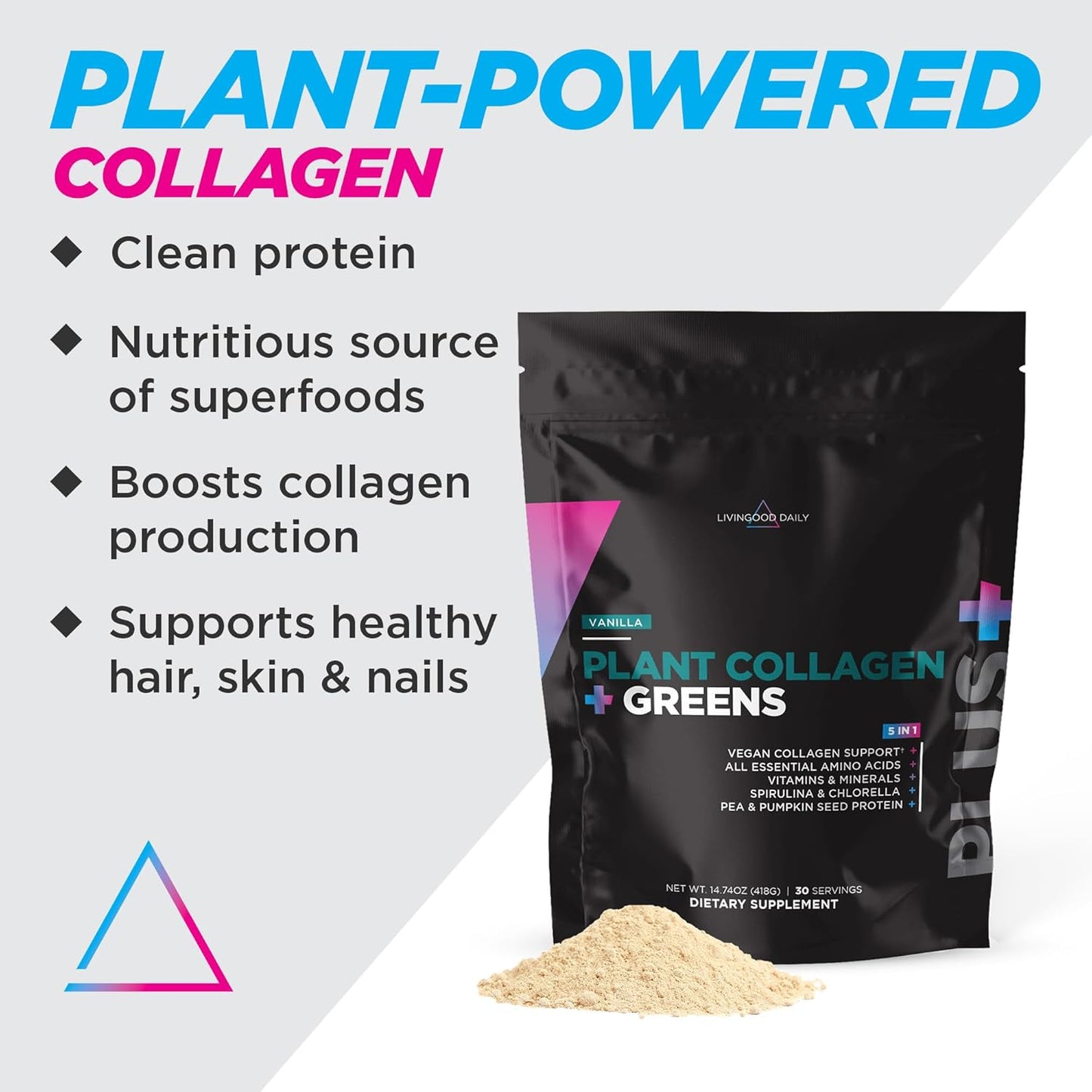 Vanilla Plant Collagen Powder with Vitamin C, Spirulina & Amino Acids - Vegan Formula for Hair, Skin, Nails, Energy & Muscle Growth - 30 Servings