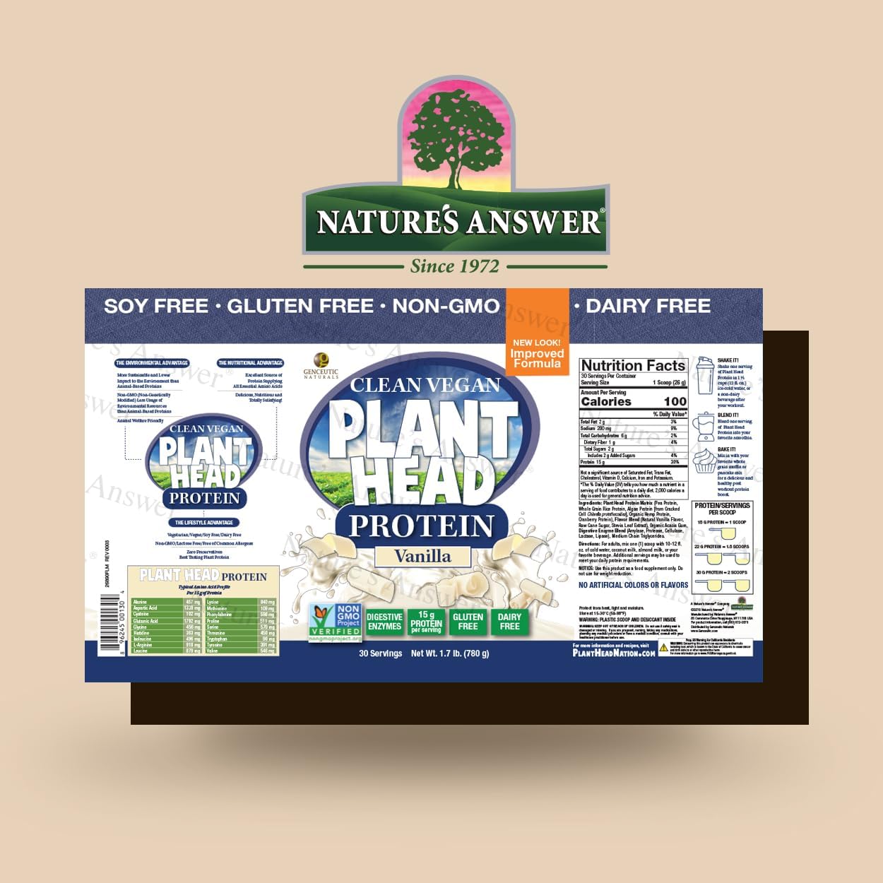 Vanilla Plant Head Protein Powder Supplement by Genceutic Naturals - 1.7 lbs - Vegan-Friendly Formula