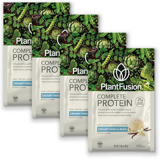 Vanilla PlantFusion Vegan Protein Powder Packets - Sample Pack of 4 with BCAAs and Pea Protein - Keto, Gluten Free, Non-Dairy, No Sugar - On-the-Go Plant Based Protein