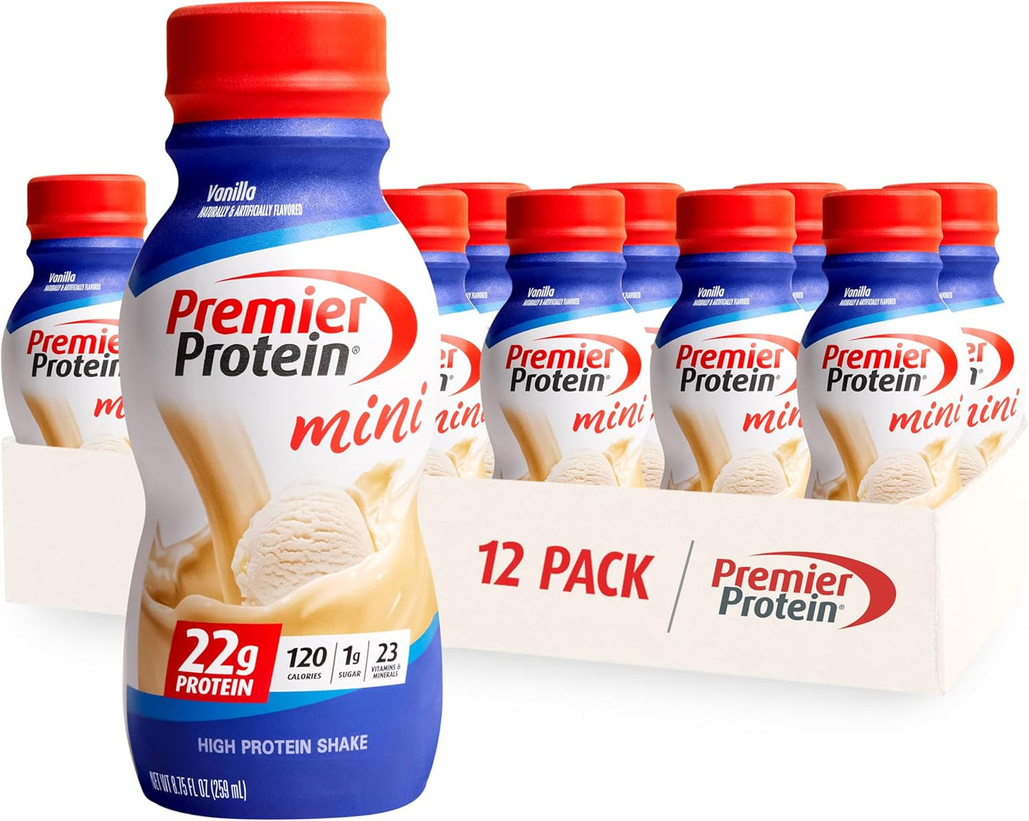 Vanilla Premier Protein Shake MINIs - 22g Protein, 120 Calories, 1g Sugar - Pack of 12, 8.75fl oz