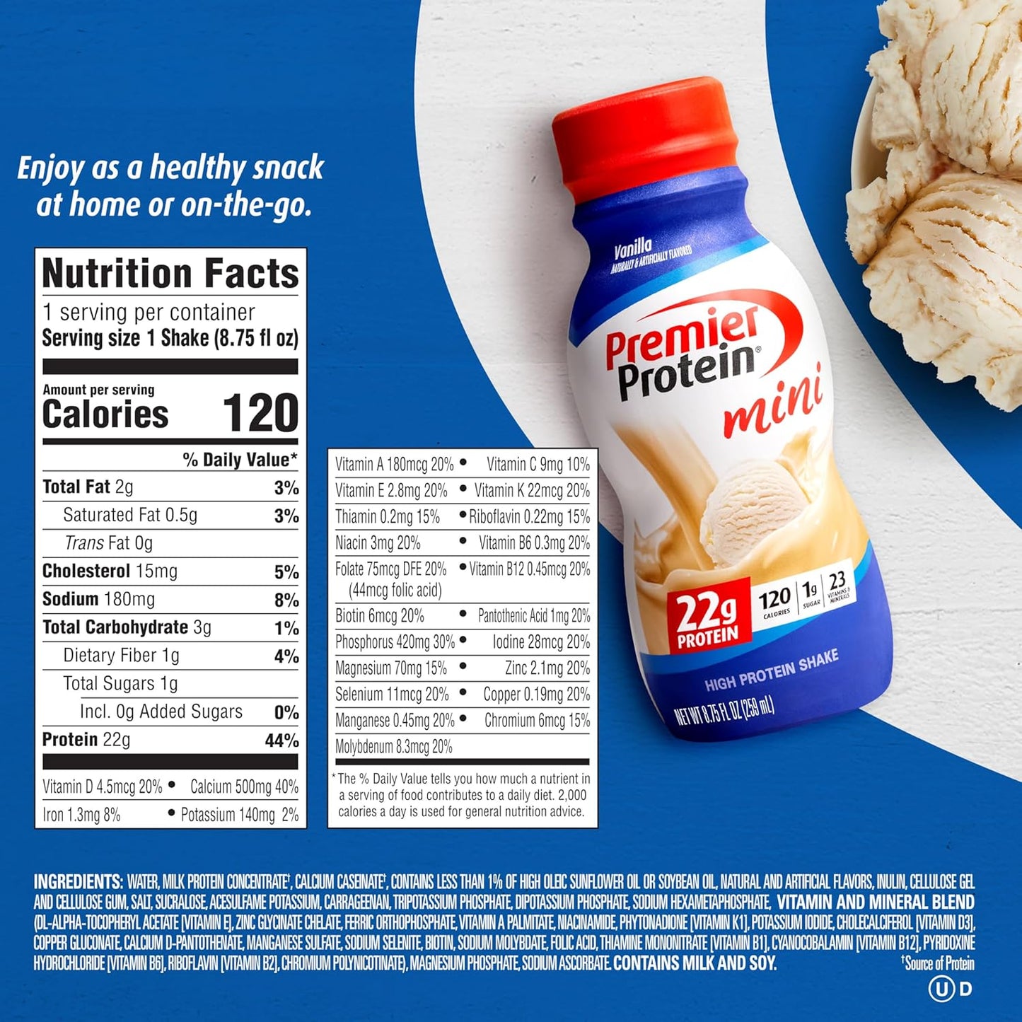 Vanilla Premier Protein Shake MINIs - 22g Protein, 120 Calories, 1g Sugar - Pack of 12, 8.75fl oz