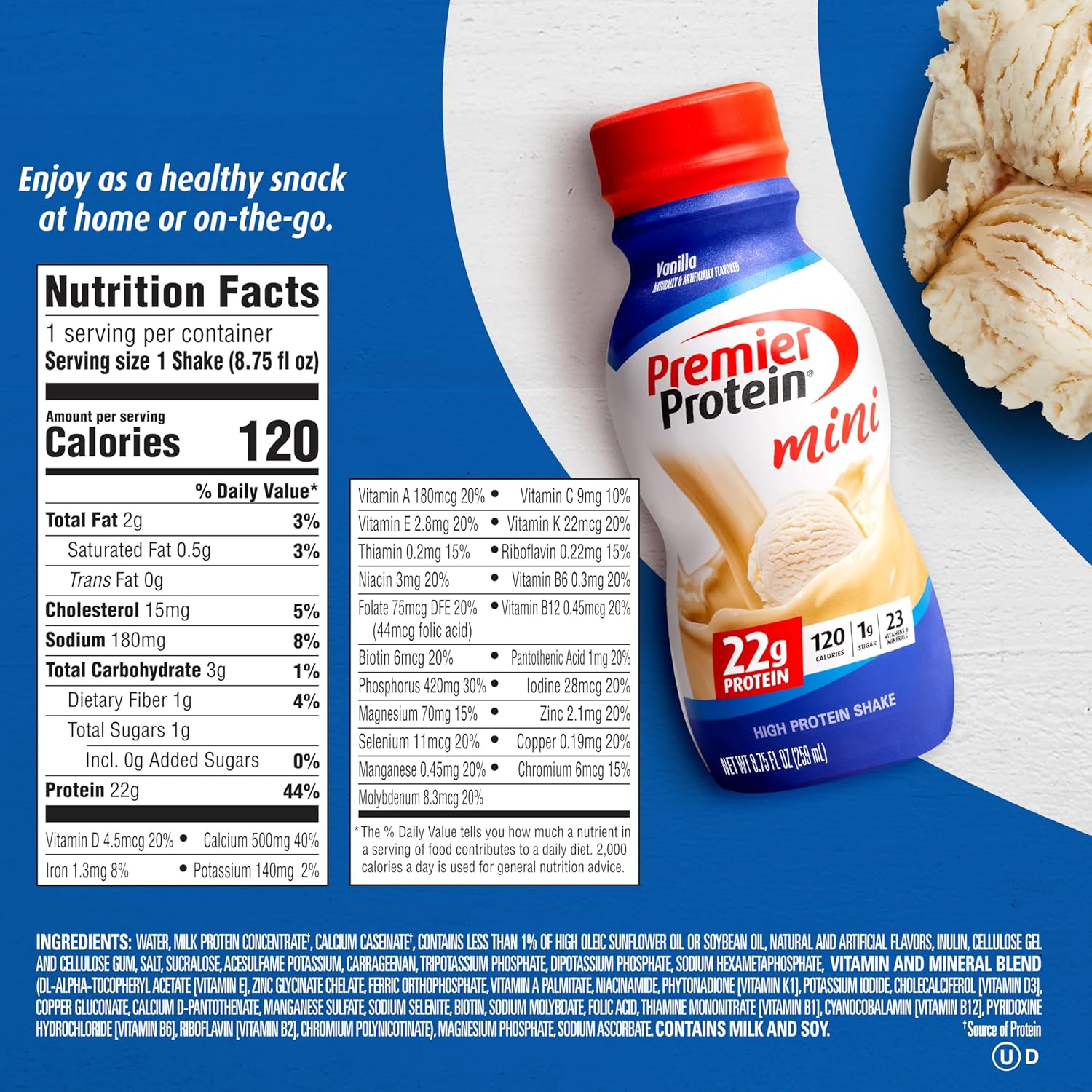 Vanilla Premier Protein Shake MINIs - 22g Protein, 120 Calories, 1g Sugar - Pack of 12, 8.75fl oz