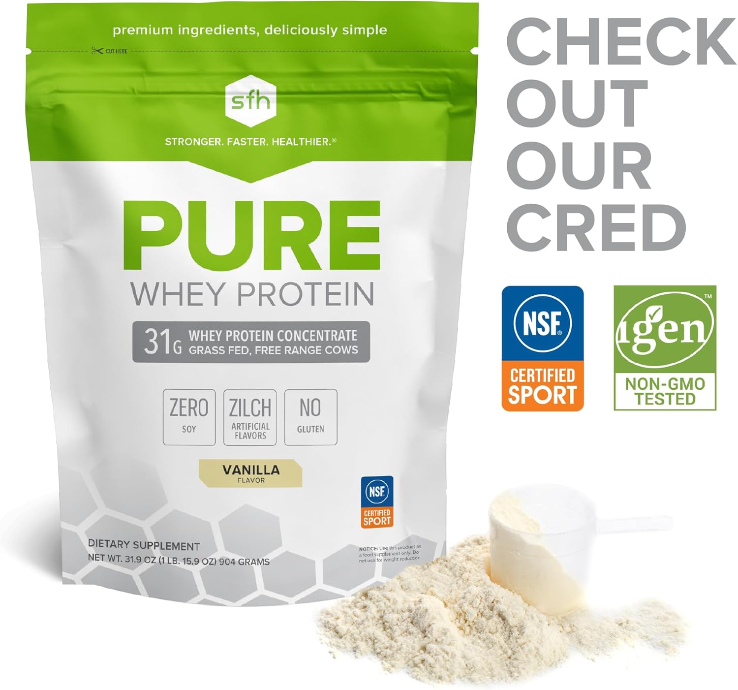 Vanilla SFH Grass Fed Whey Protein Powder - Non-GMO, All Natural, Soy & Gluten Free - Best Tasting Whey Protein (31.9 oz)