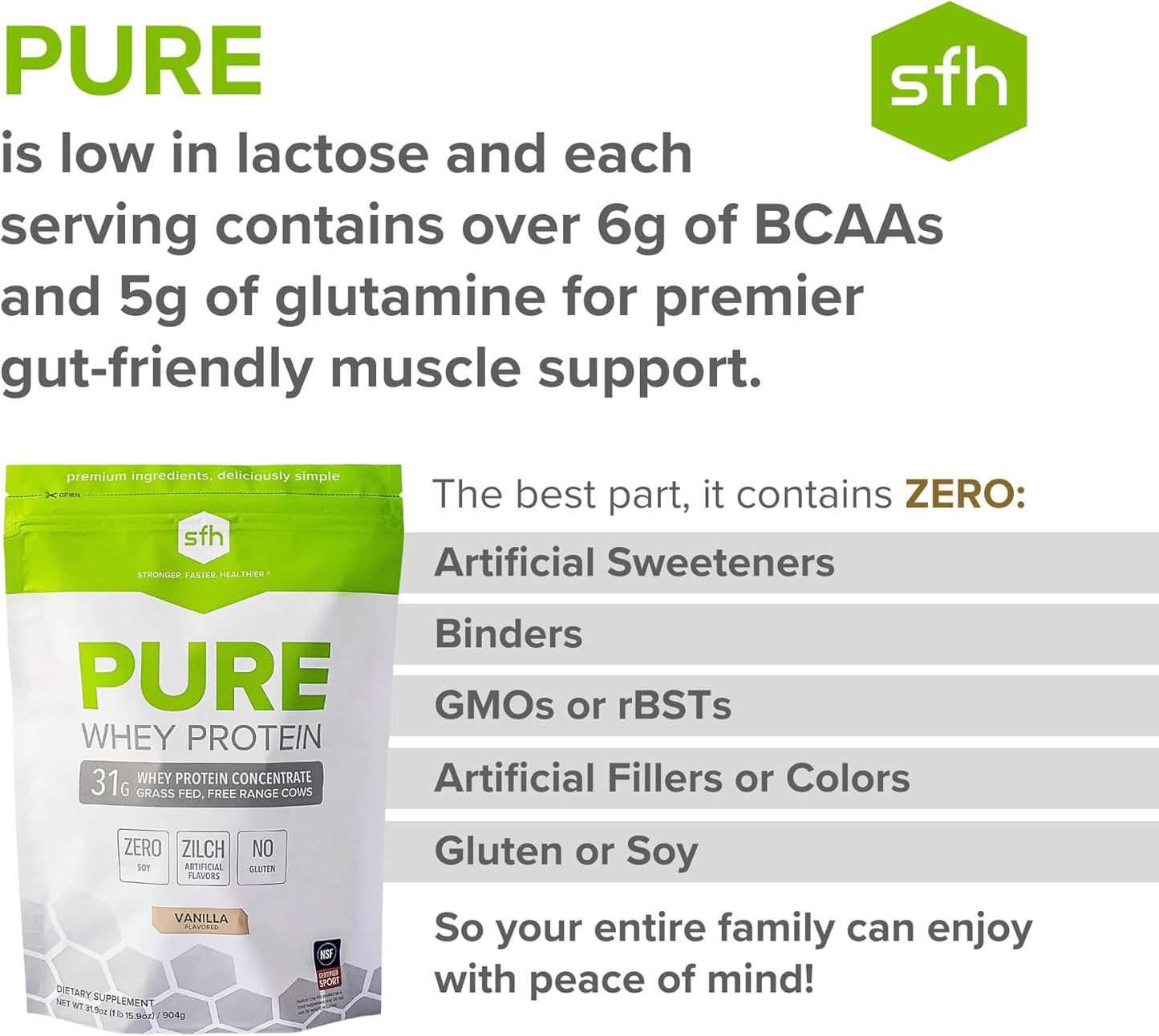 Vanilla SFH Grass Fed Whey Protein Powder - Non-GMO, All Natural, Soy & Gluten Free - Best Tasting Whey Protein (31.9 oz)