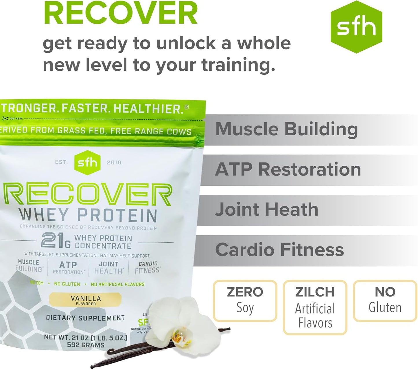 Vanilla SFH RECOVER Grass Fed Whey Protein Powder - Post Workout Supplement - 20 Servings