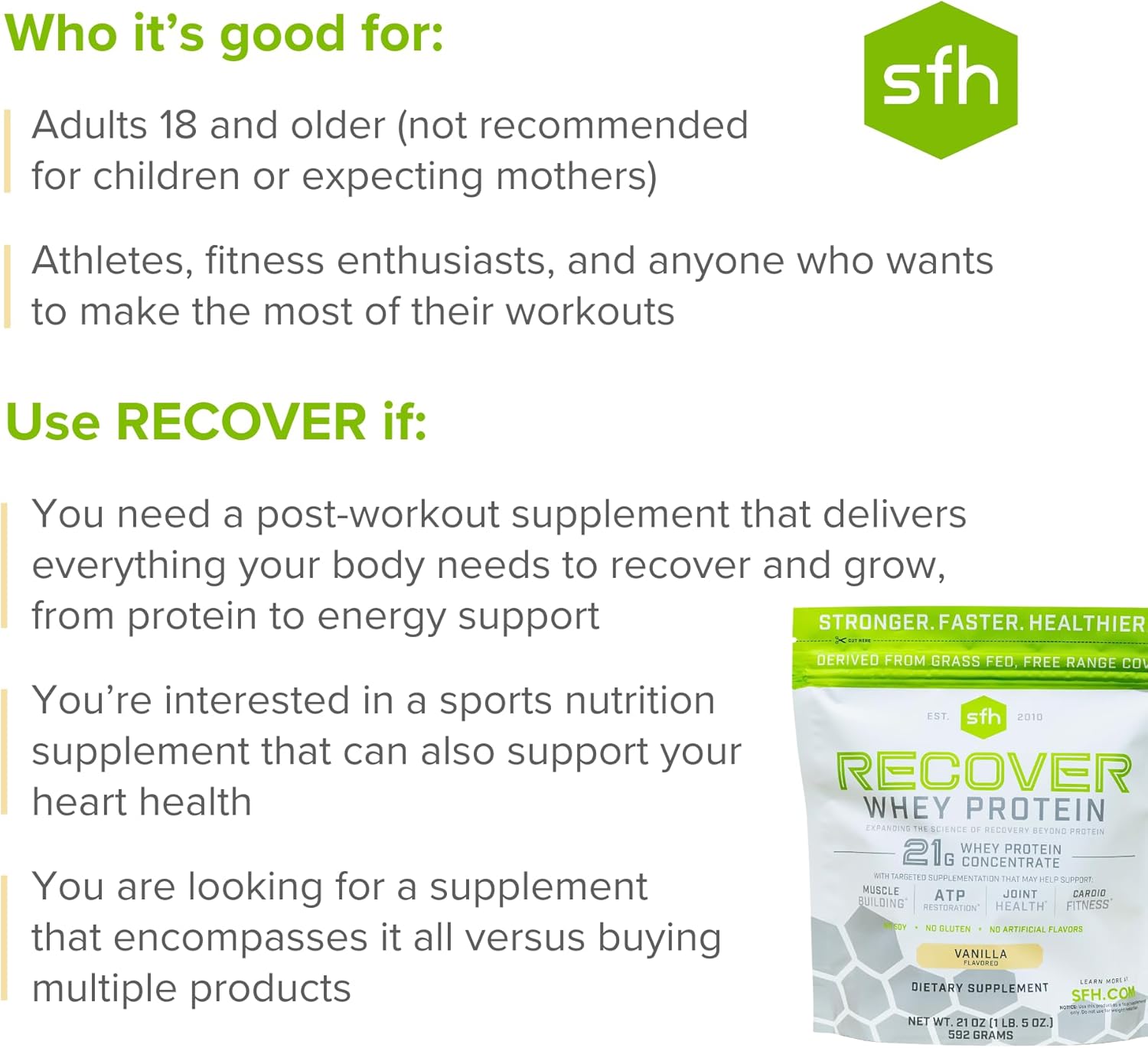 Vanilla SFH RECOVER Grass Fed Whey Protein Powder - Post Workout Supplement - 20 Servings