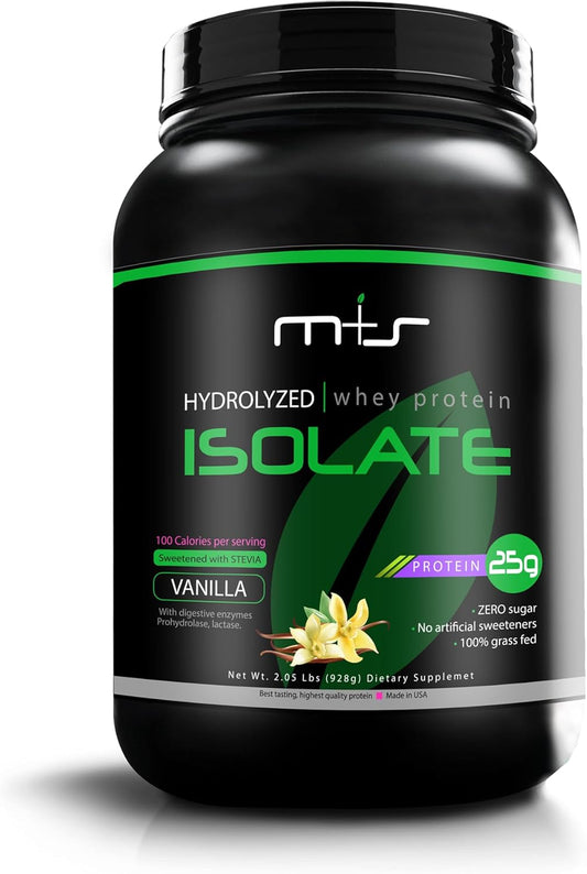 Vanilla Stevia Sweetened Grass Fed Whey Protein Isolate Powder - Gluten Free, Fast Absorbing, Easy to Digest - 100% Hydrolyzed (2.05 Lb)