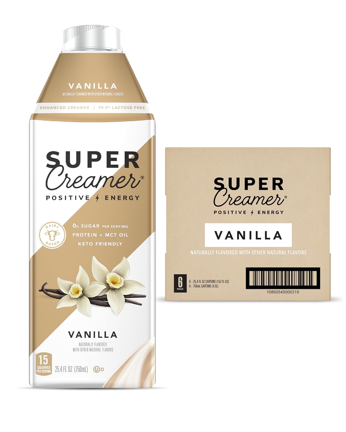 Vanilla Sugar-Free Super Coffee Creamer, 25.4 fl oz, 6 Pack - Keto-Friendly with 0g Sugar, 1g Protein, 15 Calories per Serving