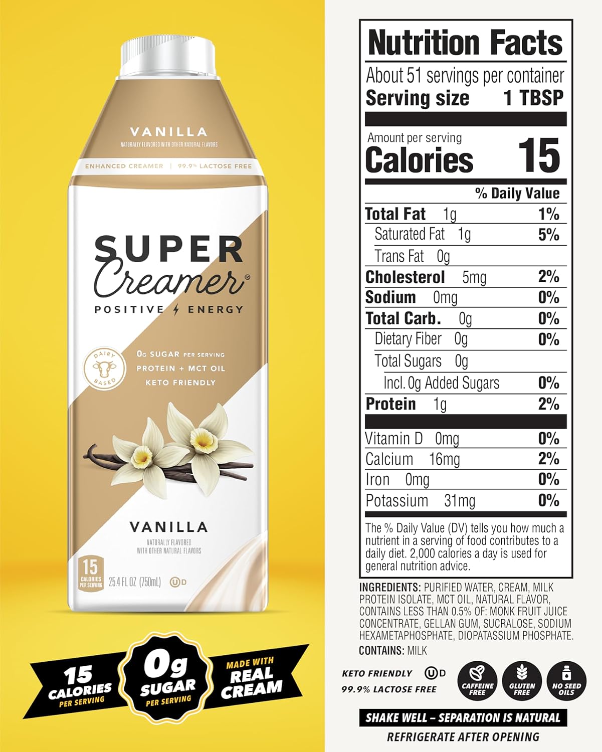 Vanilla Sugar-Free Super Coffee Creamer, 25.4 fl oz, 6 Pack - Keto-Friendly with 0g Sugar, 1g Protein, 15 Calories per Serving