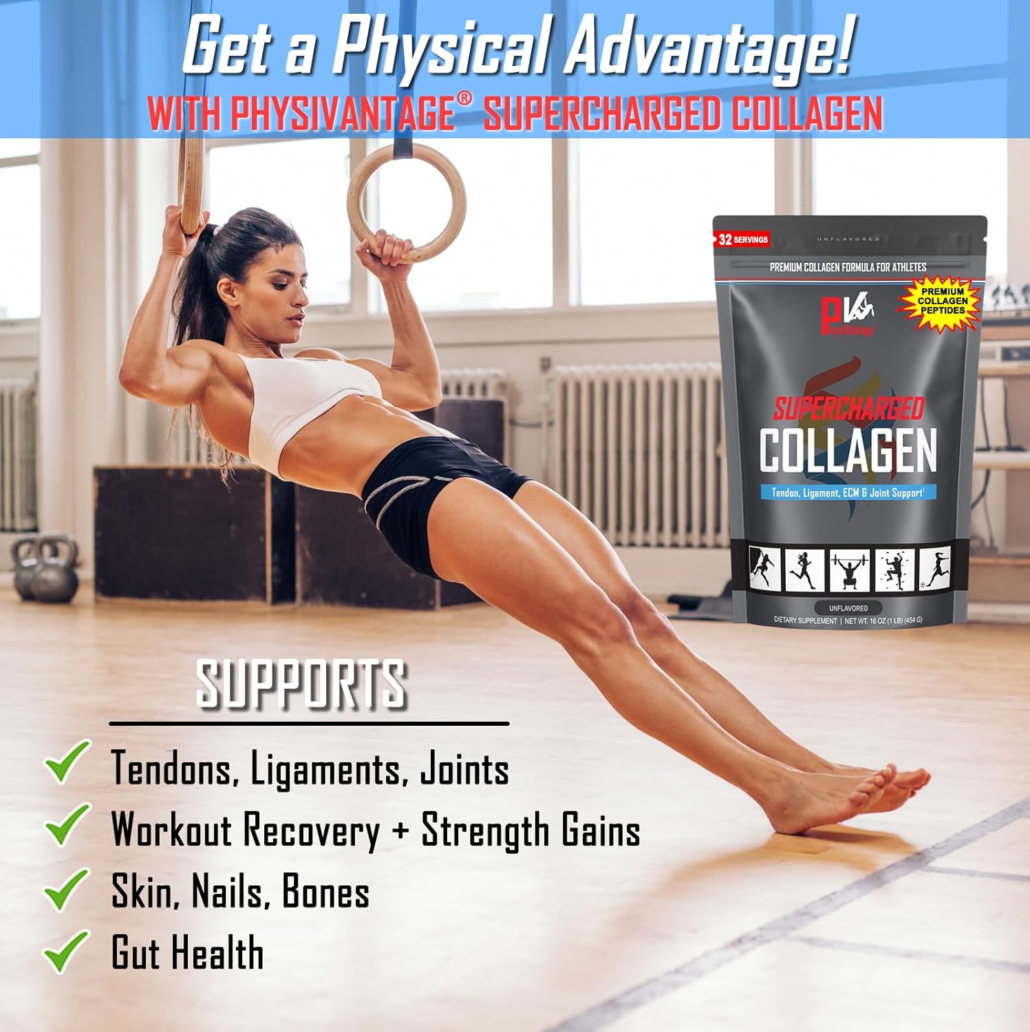 Vanilla Supercharged Collagen Peptides Powder for Joint & Skin Health - Hydrolyzed, Keto & Paleo Friendly - 16oz with Vitamin C & BCAAs
