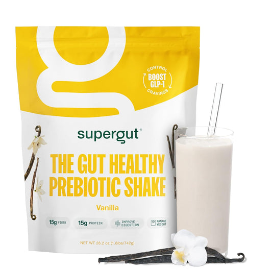 Vanilla Supergut Prebiotic Shake: High Protein & Fiber Meal Replacement with No Added Sugar - Keto Friendly (14 servings)