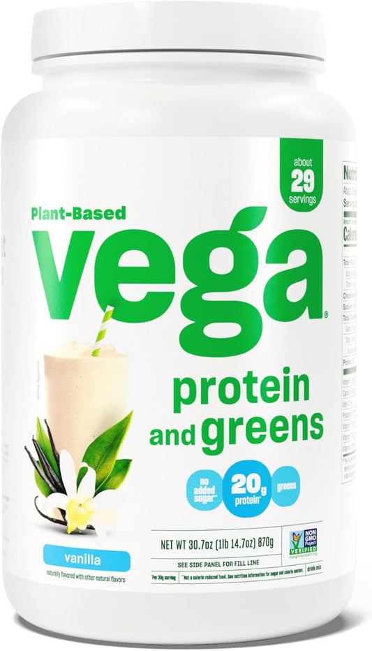 Vanilla Vega Protein and Greens Powder - 20g Plant-Based Protein with Veggies, Vegan, Non-GMO, Pea Protein - 1.9lbs