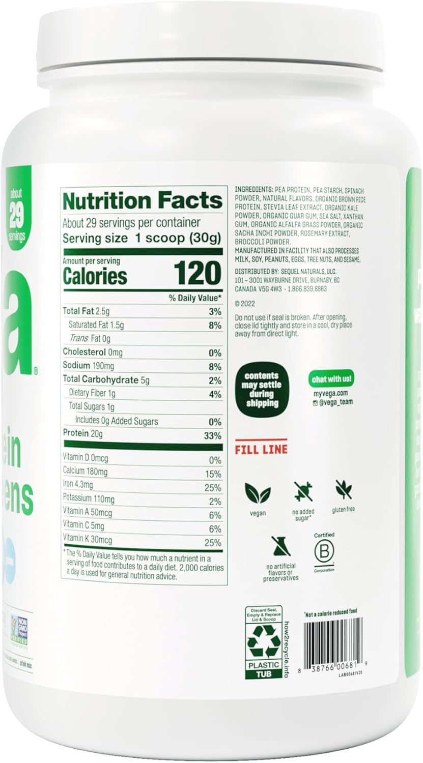 Vanilla Vega Protein and Greens Powder - 20g Plant-Based Protein with Veggies, Vegan, Non-GMO, Pea Protein - 1.9lbs