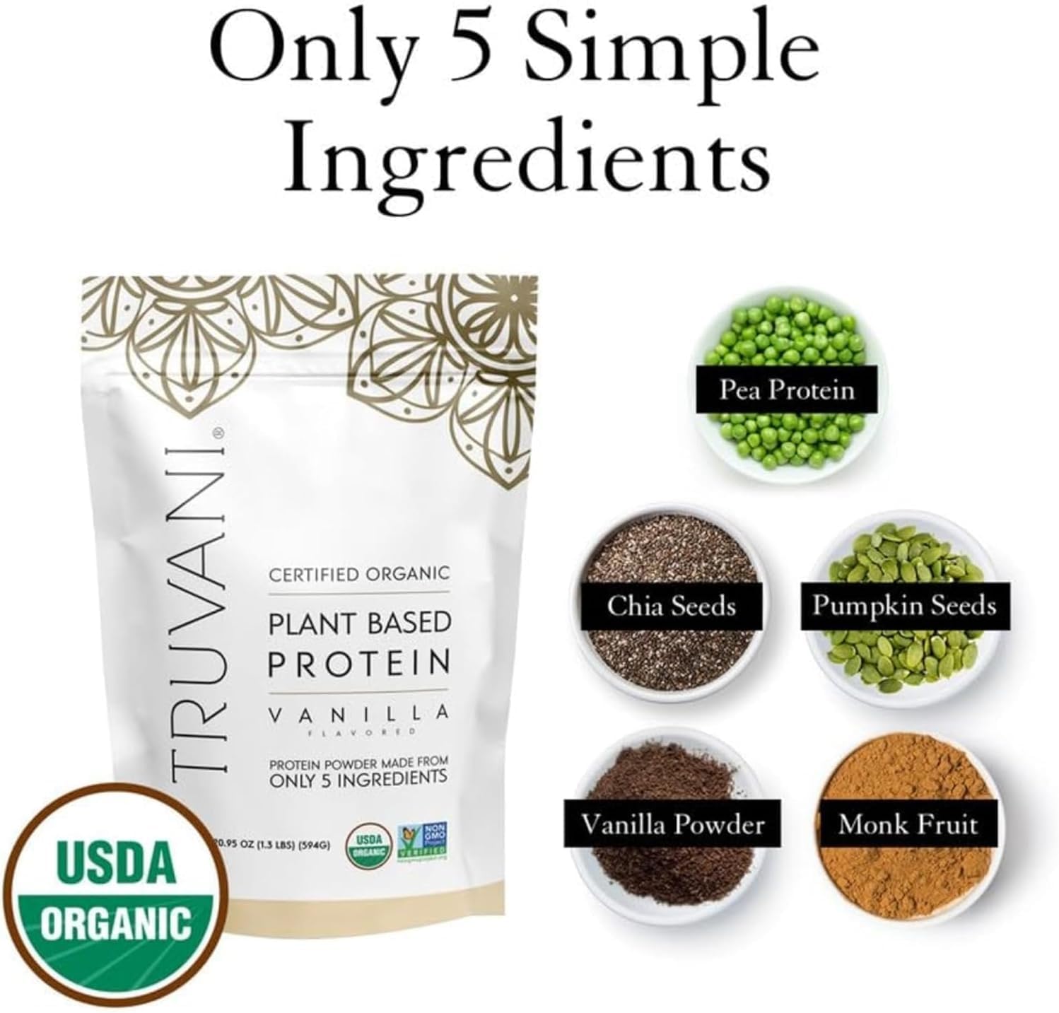 Vanilla Vegan Pea Protein Powder - 20g Organic Plant-Based Protein - Keto-Friendly, Gluten & Dairy Free - 18 Servings - No Added Sugar - Low Carb