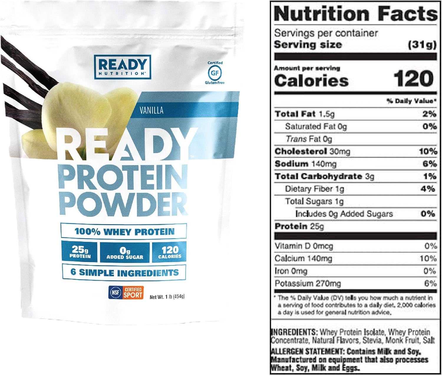 Vanilla Whey Protein Powder - 25g Protein, 0g Added Sugar, 6 Simple Ingredients - 1lb Bag